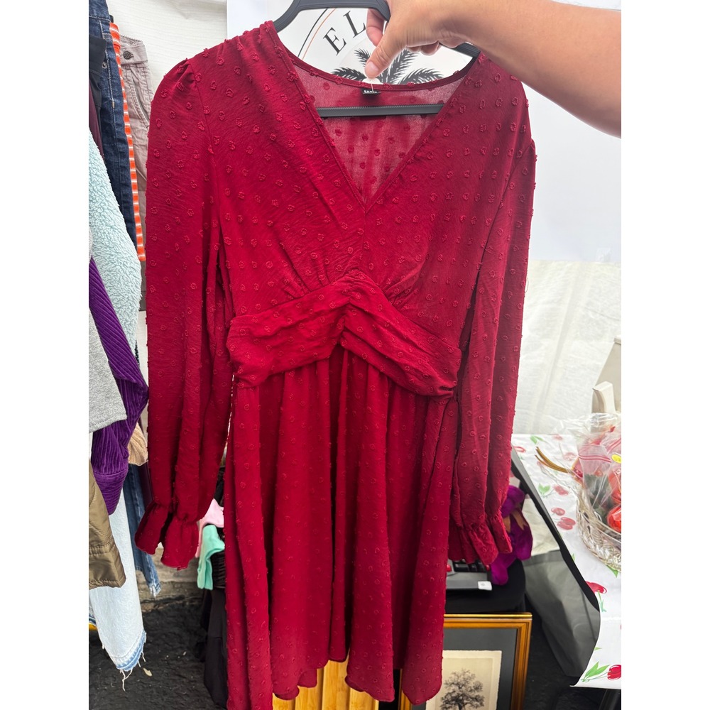 Shein Burgundy Red Swiss Dot V-Neck Long Sleeve Mini Dress Size L US 8/10